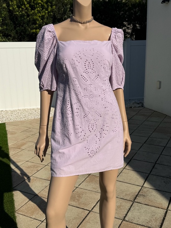 H&M Dresses & Skirts - H&M Lilac Eyelet Embroidered Puff Sleeve Mini Dress Square Neck 100%Cotton SizeM